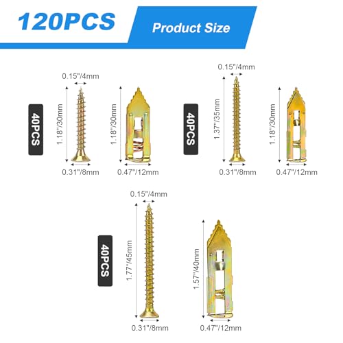 120PCS PCS Self-Drilling Drywall Anchors Kit Self Drilling Drywall Anchor Screws,Metal Anchors Kit, No Drill Needed, Zero Wall Damage,60 Sheetrock Anchors (0.47X1.57inch) and 60 Zinc Plated Screws