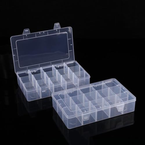 2 Pcs Large 15 Grids Plastic Organizer Box Clear Storage Container with Adjustable Dividers for Beads, Washi Tapes, Art DIY Crafts, Jewelry, Fishing Tackle, Component and Small Parts - color: 2 Pcs 15 Grids Large