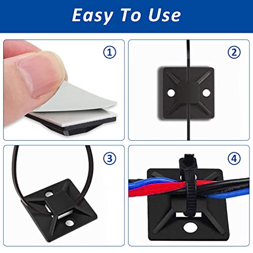 Strong Back-Glue Self Adhesive Cable Zip Tie Mounts Kit - 100 Set Cable Management Clips with 6" Zip Ties, Wire Holders - Outdoor Sticky Wire Organizer Clips-Black - color: Black