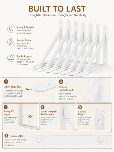Shelf Brackets Heavy Duty, 8 Pack White 8 inch Floating Shelf Bracket, Max Load 100 lbs of Metal Triangle Decorative Shelf Support Brackets for Wall Mount - size: 8 inch 8pack