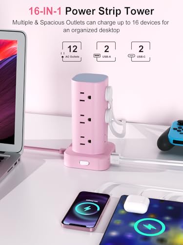 6FT Power Strip Tower Surge Protector, 12 Wide Spaced Outlets, 4 USB - color: Pink, size: 6FT without Wireless Charging
