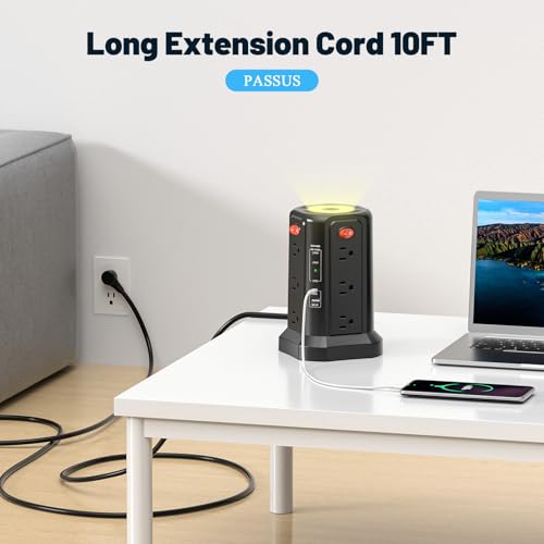 PASSUS Tower Surge Protector Power Strip with PD 65W USB C Port - color: Black-4C1A