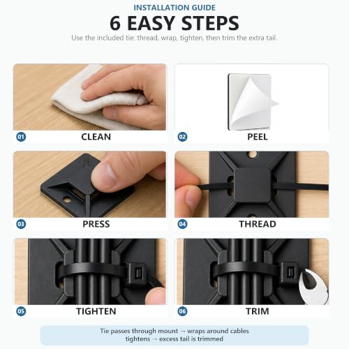 1 in Adhesive Zip Tie Mounts with 8 in Zip Ties, black 100 Sets - color: Black-100set