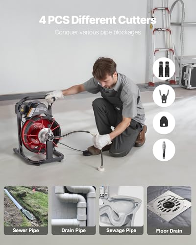 VEVOR Drain Cleaner Machine 50 FT x 5/16 Inch, Auto Feed Sewer Snake Auger with 4 Cutters & Air-Activated Foot Switch for 2" to 4" Pipes - style: 50 FT x 5/16''