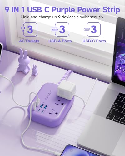 6 USB (3 USB C) Purple Travel Power Strip, 5Ft Extension Cord, 3 Outlets - size: Purple-6 USB 24W-5ft