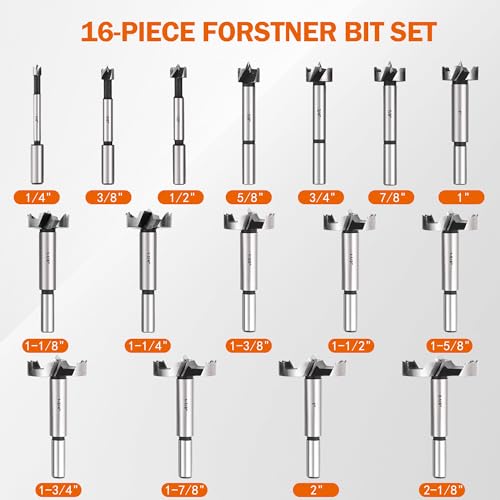 KENDO Forstner Bit Set, 16-Piece Alloy Steel for Woodworking | Round Shank Forstner Drill Bits for Hardwood, Softwood, Plastic, Plywood with Case, 1/4" to 2-1/8" - style: 16 Piece