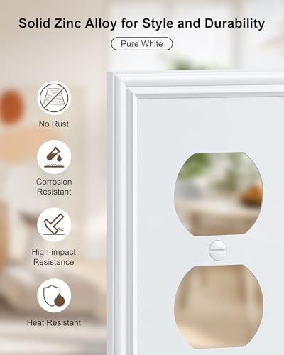 2-Pack Zinc Alloy Single Duplex Outlet Cover Plate, Solid Receptacle Cover - color: Pure White, size: 1 Duplex 2PK