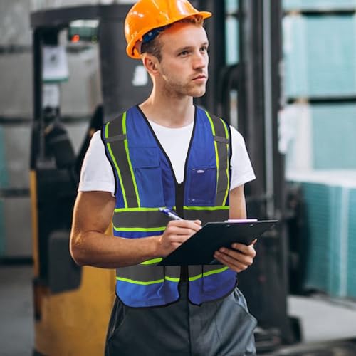 A-SAFETY Mesh High Vis Vest, Reflective Construction Vest with Pockets - color: Blue, size: X-Small