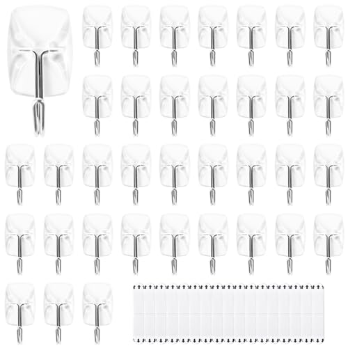 Clear Wall Hooks for Hanging, 36 Hooks + 40 Strips