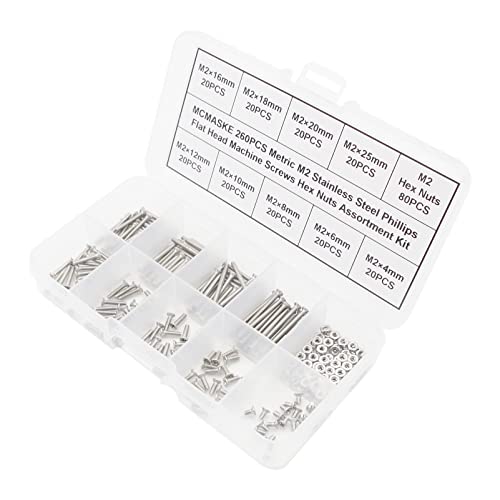 260PCS Metric M2 Stainless Steel Phillips Flat Head Machine Screws Hex Nuts Assortment Kit - size: M2