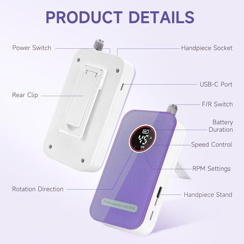 Pro Nail Drill, 45000RPM Rechargeable Cordless Electric File,Purple - color: Purple