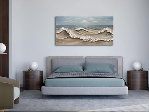 zoinart Blue Ocean Wave Oil Painting on Canvas Impasto Textured Painting Serene Canvas Wall Art Living Room Wall Decor Contemporary Art 24" x 48" - color: YH-B201