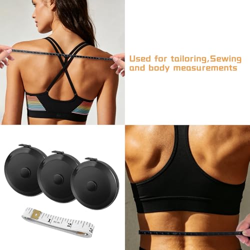 GDMINLO 3 Pack Soft Tape Measure, Retractable, 60-Inch, Push Button, Double Scales, for Body, Fabric, Sewing, Tailor, Black and White