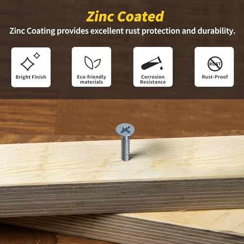 240PCS Wood Screws Assortment Kit, FIXLINK Zinc Coated Flat Head Screws Set - color: Zinc Coated