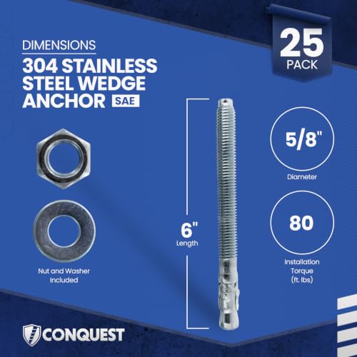 Conquest 304 Stainless Steel Wedge Anchors for Concrete 5/8” x 6” - size: 5/8" x 6"