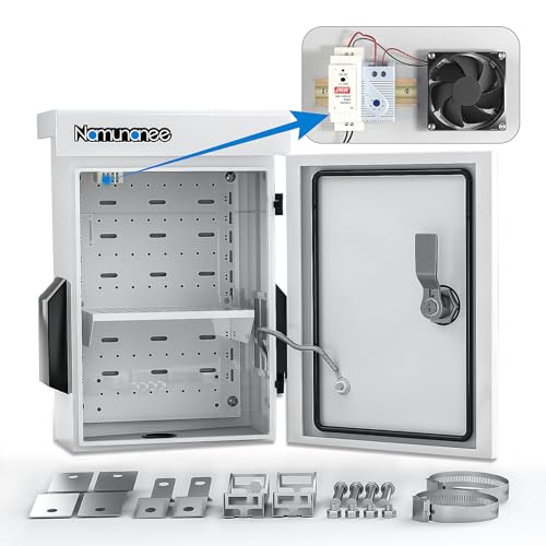 Outdoor Electrical Box with Thermostat and Fan, Cold-Rolled Steel Plate, Aluminum Alloy Back Beam, One-Piece Ventilation Design, IP65 Waterproof, Wall/Pole Mounted. (17.7" x 13.7" x 7.9") - size: 17.7" x 13.7" x 7.9"