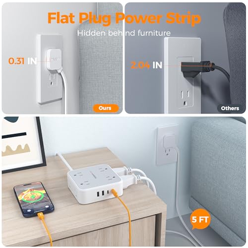 TESSAN Surge Protector Power Strip with 900J Surge Protection, 5 Ft, Grey - color: Grey with 2 USB C/A, size: 5 feet