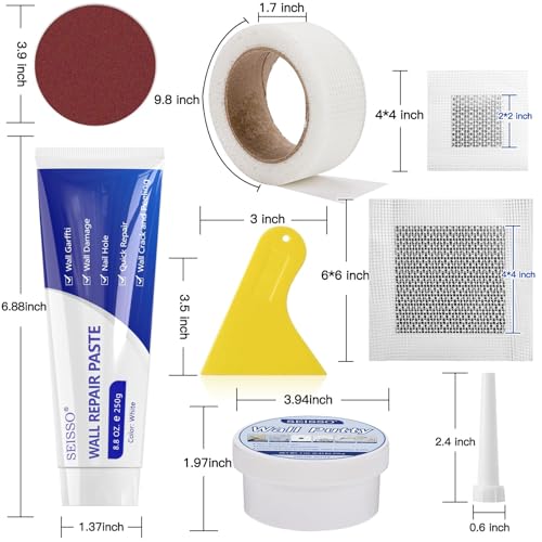 SEISSO Drywall Repair Kit, White- Wall Mending Agent 250 g* 2, Wall Repair Paste Plaster, 1 Pack Wall Putty, Repair Tape and Wall Repair Patch with 2inch 4inch, Quick Fill Crack and Nail Hole - style: 2pcs paste + putty