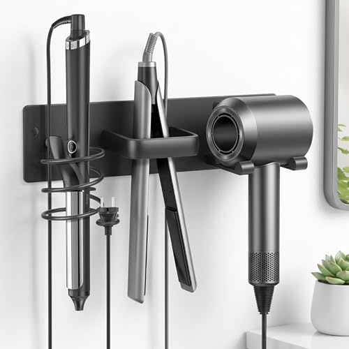Hair Tool Organizer Wall Mount, Bathroom Storage Rack with Dryer Holder, Flat Iron Stand, Curling Iron Caddy, 3-in-1 Heat-Resistant Hair Rack, No-Drill Adhesive or Screw Mount, Matte Black - style: Black Hook style