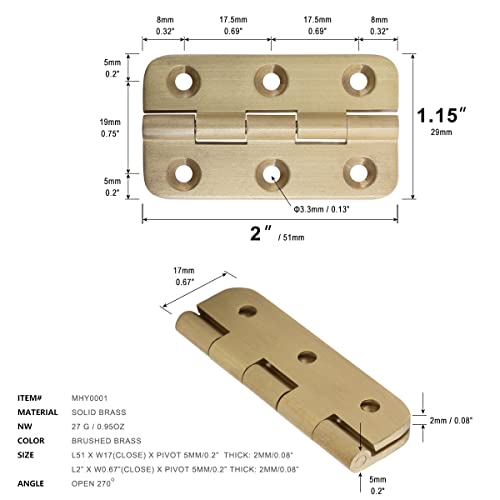 Keenkee 2 Inch Brushed Solid Brass Butt Hinges with Screws, 4 PCS