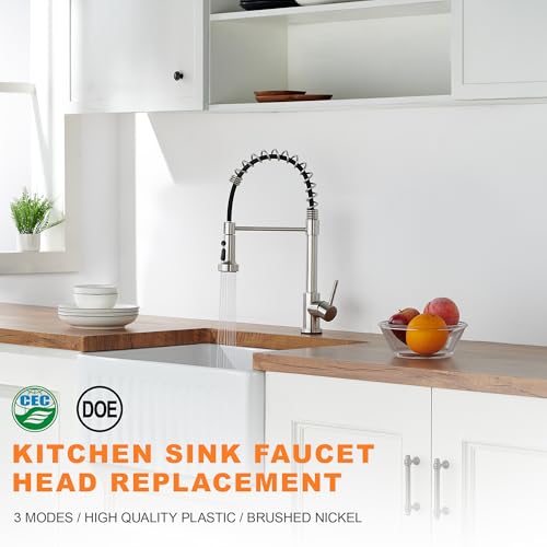 TIORIY with 15 Adapters Pull Down Kitchen Sink Faucet Head Replacement, 3 Functions Plastic Kitchen Sink Sprayer Nozzle Replacement for Kitchen Faucet, Pause Mode (Brushed Nickel) - color: Brushed Nickel, style: Pause