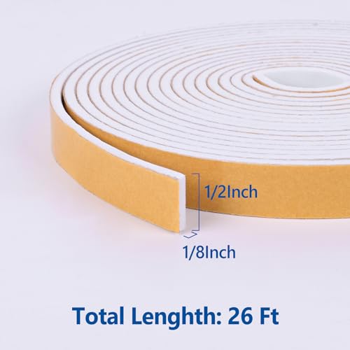 Kikerike Self Adhesive Foam Tape Weatherstrip 1/2in x 1/8in x 26Ft High Density Foam Insulation Strips Seal Weather Stripping with Strong Adhesive for Door and Window Sound Isolation Soundproofing - size: 1/2in x 1/8in x 26Ft