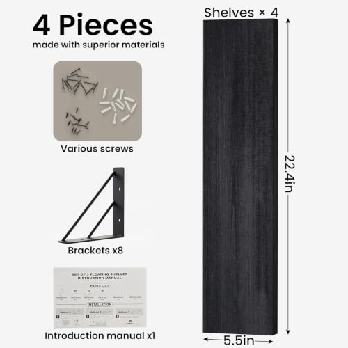 BAYKA Wall Mounted Floating Shelves, Wood, Black, Set of 4, 23in - color: A. Black Board & Black Brackets, size: 23-inch Uniform