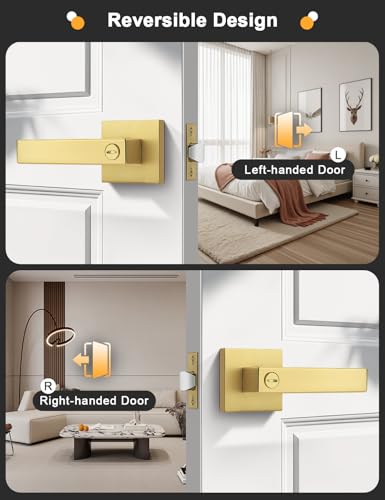 Gobrico 1 Pack Heavy Duty Gold Square Privacy Interior Door Levers, Satin Brass Finish, Bedroom and Bathroom Door Handles Keyless Bed/Bath Lockset - color: Brushed Gold