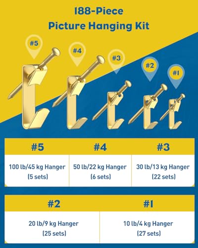 Uniclife 188 Pcs Heavy Duty Picture Hanging Kit, Picture Hanging Hooks,Gold - size: 188 Pcs, style: Gold