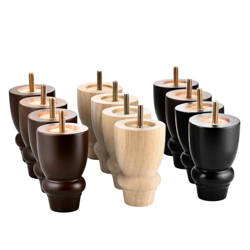Maricome 4 inch Unfinished Bun Feet Set of 4 Predrilled M8 Bolt Turned Wood Replacement Legs for Sofa Couch Cabinet Chair Ottoman - color: 4 Inch Unfinished