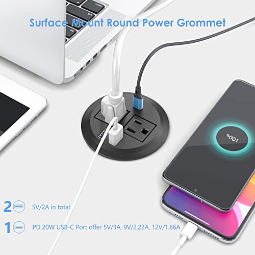 Recessed Power Grommet with AC Outlets, 20W USB-C,Flush-Mount,Black - color: Black