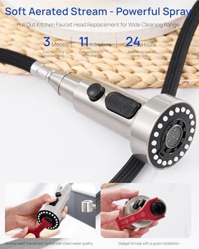 J-HVA Pull Down Kitchen Faucet Sprayer Head Replacement Part,Brushed Nickel | 3 Function with 15 Adapters Pull Out Sink Sprayer Replacement Nozzle, Kitchen Faucet Head Hose Spray Tap Spout - color: Brushed Nickel