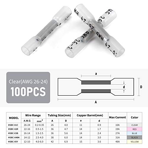 100PCS Heat Shrink Butt Wire Connectors 26-24 AWG, Insulated Waterproof Electrical Wire Connectors Automotive Marine Grade Wire Crimp Terminals Butt Splices, Ideal for Boat, Truck, Clear - size: Clear 100 PCS