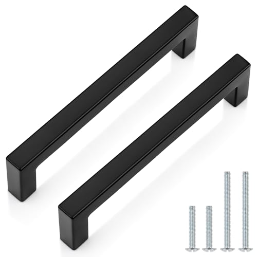Probrico 5 Pack 5 Inch (128mm) Hole Center Cabinet Handles Stainless Steel Kitchen Drawer Pulls Square Bar Cabinet Hardware for Kitchen Bathroom Cupboard - color: Black, size: 5" hole center