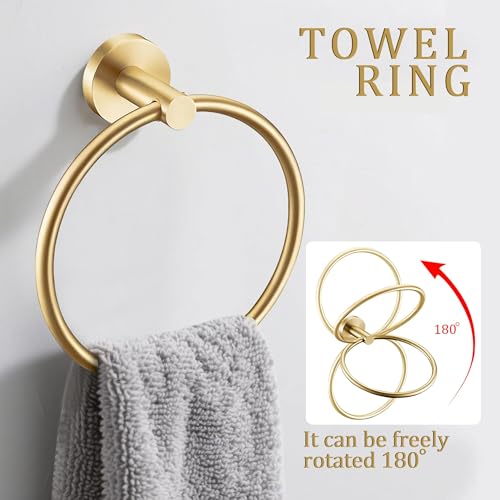 6 Pieces Brushed Gold Bathroom Hardware Accessories Set Hand Towel Ring 16&23.6 inch Round Towel Bar Toilet Paper Holder Towel Hooks 2 Pieces SUS 304 Stainless Steel,Heavy Duty,Wall Mounted - color: Brushed Gold, size: 6 piece 24"