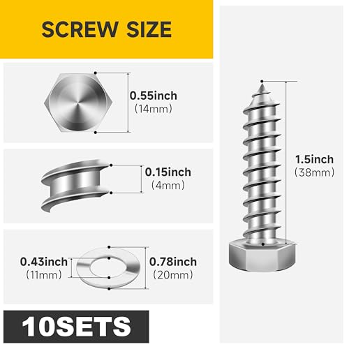 Mywish (10Sets) 3/8" x 1-1/2" Hex Head Lag Bolts, Heavy Duty Lag Screws with Washers, 304 Stainless Steel Bolts 18-8, Lag Screws Wood Screws, Fully Thread Bright Finish, 3/8 Bolt - size: 3/8 x 1-1/2" (10 set)