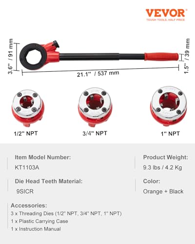 VEVOR Ratchet Pipe Threader Kit with 3 Dies, 1/2" NPT, 3/4" NPT, 1" NPT Ratcheting Pipe Threading Tool, Portable Pipe Threader Set with Storage Case for Plumbing Installation and Repair - size: 1/2" - 1”
