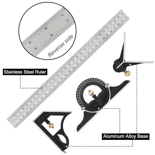 ChgImposs 12" Adjustable Sliding Combination Square Ruler & Protractor Level Measure Measuring Set, Inch/Metric
