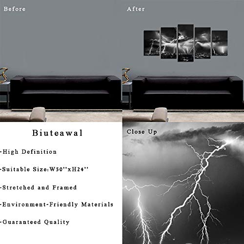 Biuteawal - Black and White Wall Art Nature Lightning Strikes in The Clouds Painting on Canvas Storm and City Night View Picture Print for Home Office Living Room Decoration Wall Decor - size: W50"xH24"