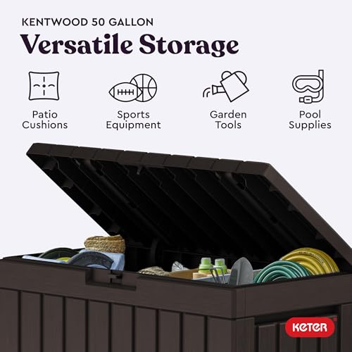 Keter Kentwood 50 Gal Outdoor Storage Box and Patio Side Table - color: Brown