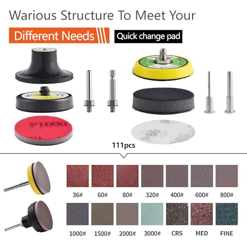 Tshya 117 Pack 2 inch Hook & Loop Quick Change Sanding Discs Set for Drill Sanding Attachment, Headlight Restoration & Multi-Surface Sanding, Wet/Dry Use, 36-3000 Grit