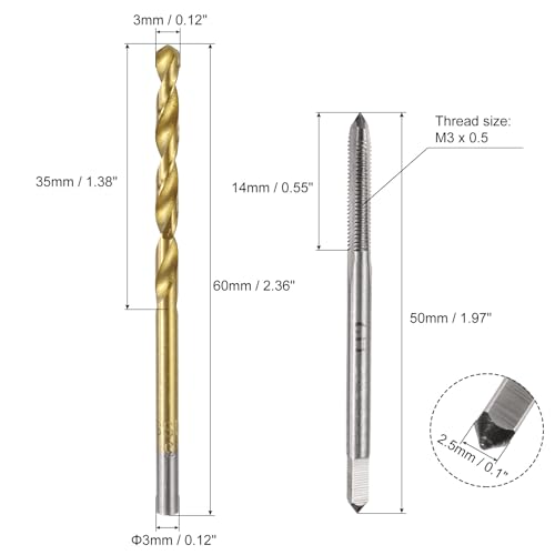 uxcell Metric Tap & Drill Bit Set, 2pcs M3 x 0.5 Straight Flute Thread Taps and 2pcs 3mm Twist Drill Bits Titanium Coated, HSS6542 Screw Tapping Threading Tools - size: M3 x 0.5 + 3mm