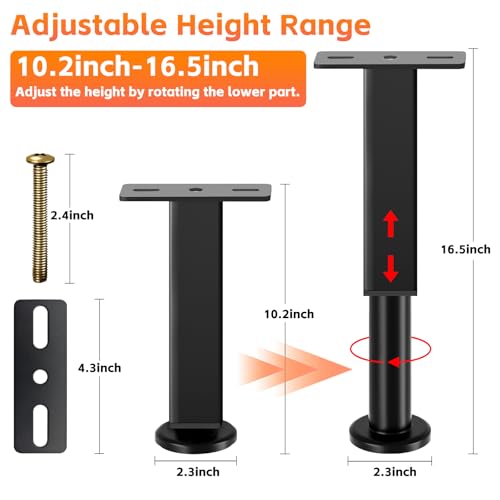 6 PCS Adjustable Height Bed Support Legs, 10.2-16.5 in Metal Bed Risers - size: 10.2"-16.5" (6pcs)
