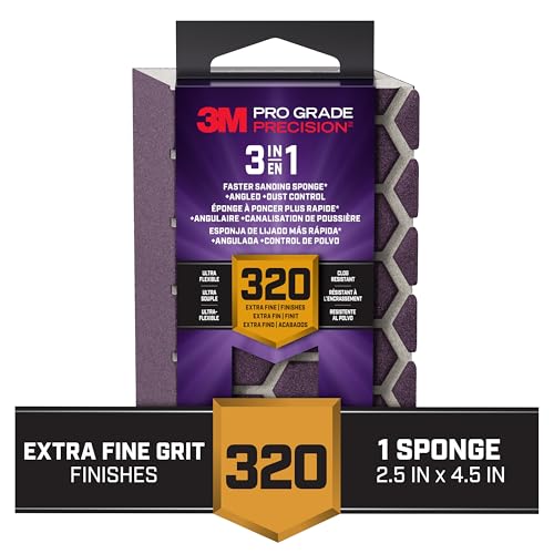 3M DCDA320-PGP-1T Pro Grade Precision 3-in-1 Angled Faster Sanding Sponge, 320-Grit Extra-Fine, 2.5" x 4.5" x 1" - size: 2.5 in x 4.5 in x 1 in - 1 Sponge, style: 320 Grit X-Fine