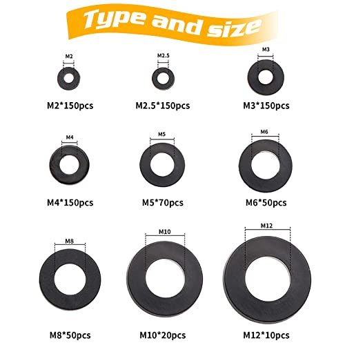 800Pcs Nylon Flat Washer Assortment Set, Washers Metric Sealing Spacer Gasket Ring Washers Set, 9 Sizes - M2, M2.5, M3, M4, M5, M6, M8, M10, M12(Black) - size: 800black