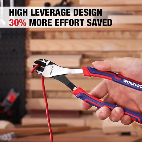 WORKPRO 8 Inch High Leverage Diagonal Pliers, Cr-V Steel & Anti-Slip Handle | Heavy Duty Wire Cutters, Diagonal Cutters, for Cutting Copper, Brass, Iron, Aluminum & Steel Wires