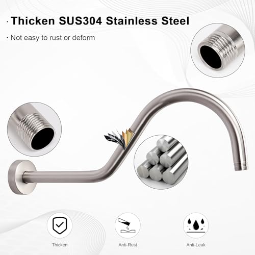 S Shaped Shower Arm, High Rise Shower Head Extension Pipe Standard 1/2" Connection with Flange, Awesome Shower Experience-Stainless Steel Bathroom Accessory(16 Inch J-S Shape, Brushed Nickel) - color: Brushed Nickel, style: 16" J Shape