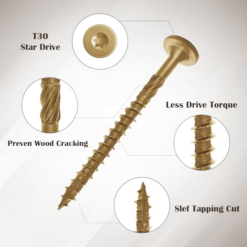 50Pcs 4-1/2 Inch Structural Wood Screws Yellow | Heavy Duty Deck Screws, Rust Resistant, Black Coated Exterior Wood/Lag/Timber Screws T30 Star Bit (#14 x 4-1/2" Yellow) - color: Yellow, size: #14×4-1/2"
