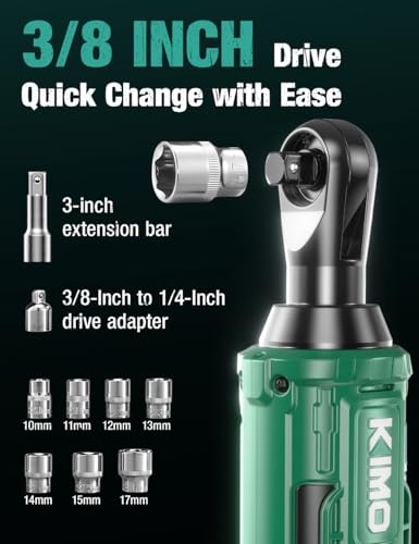 KIMO 20V Electric Ratchet Wrench 3/8, 89Ft-lbs 400RPM Cordless Ratchet Wrench Set w/Variable Speed, 2x2.0Ah Battery Power Ratchet Wrenches, 7Sockets, 3/8"to1/4" Adapter, 3"Extension Bar, Fast Charger - color: Green and Dark