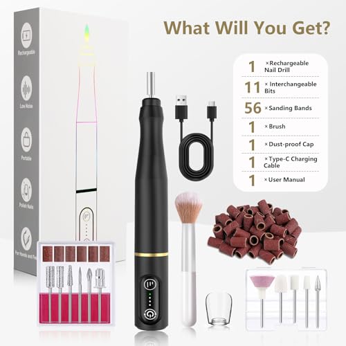TUOBEO Cordless Nail Drill Electric Nail File Kit, Rechargeable Efile Set - color: Black